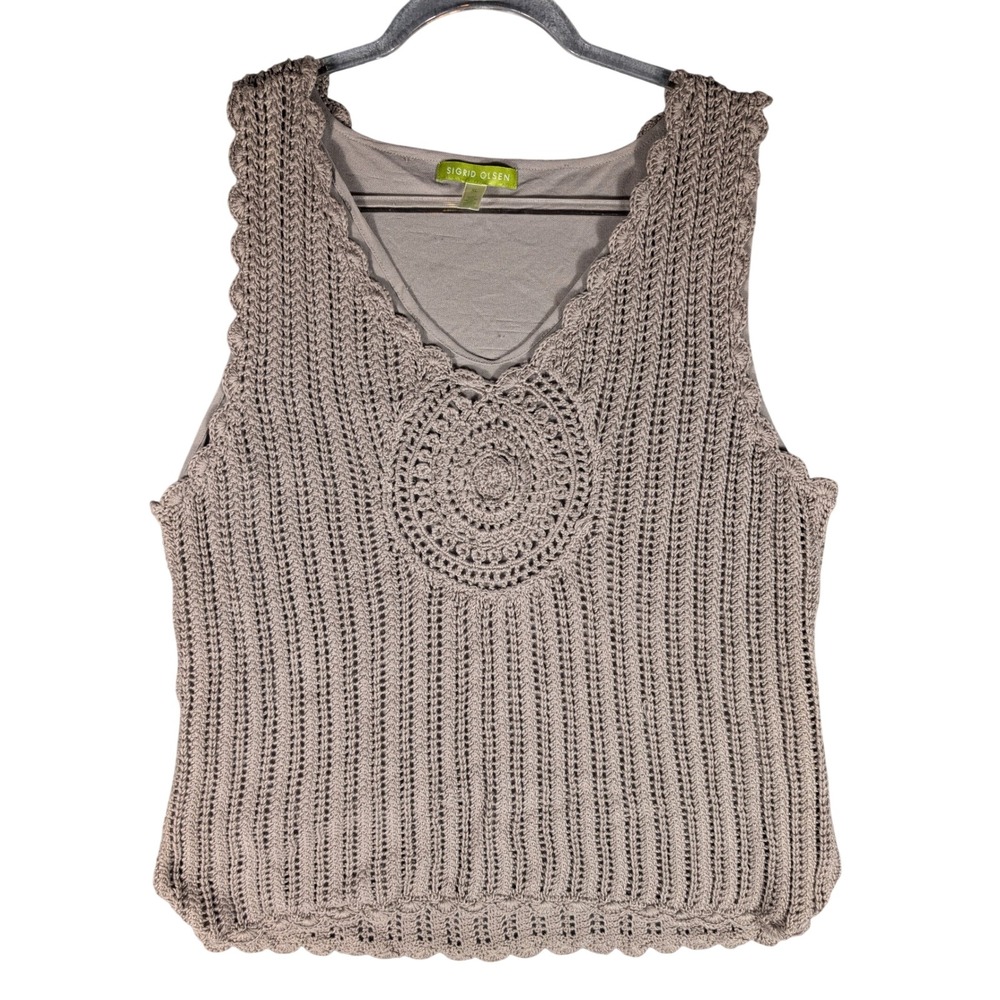 Sigrid Olsen Crochet Tank Top Womens XL Taupe Brown Lined V-Neck Scalloped Trim